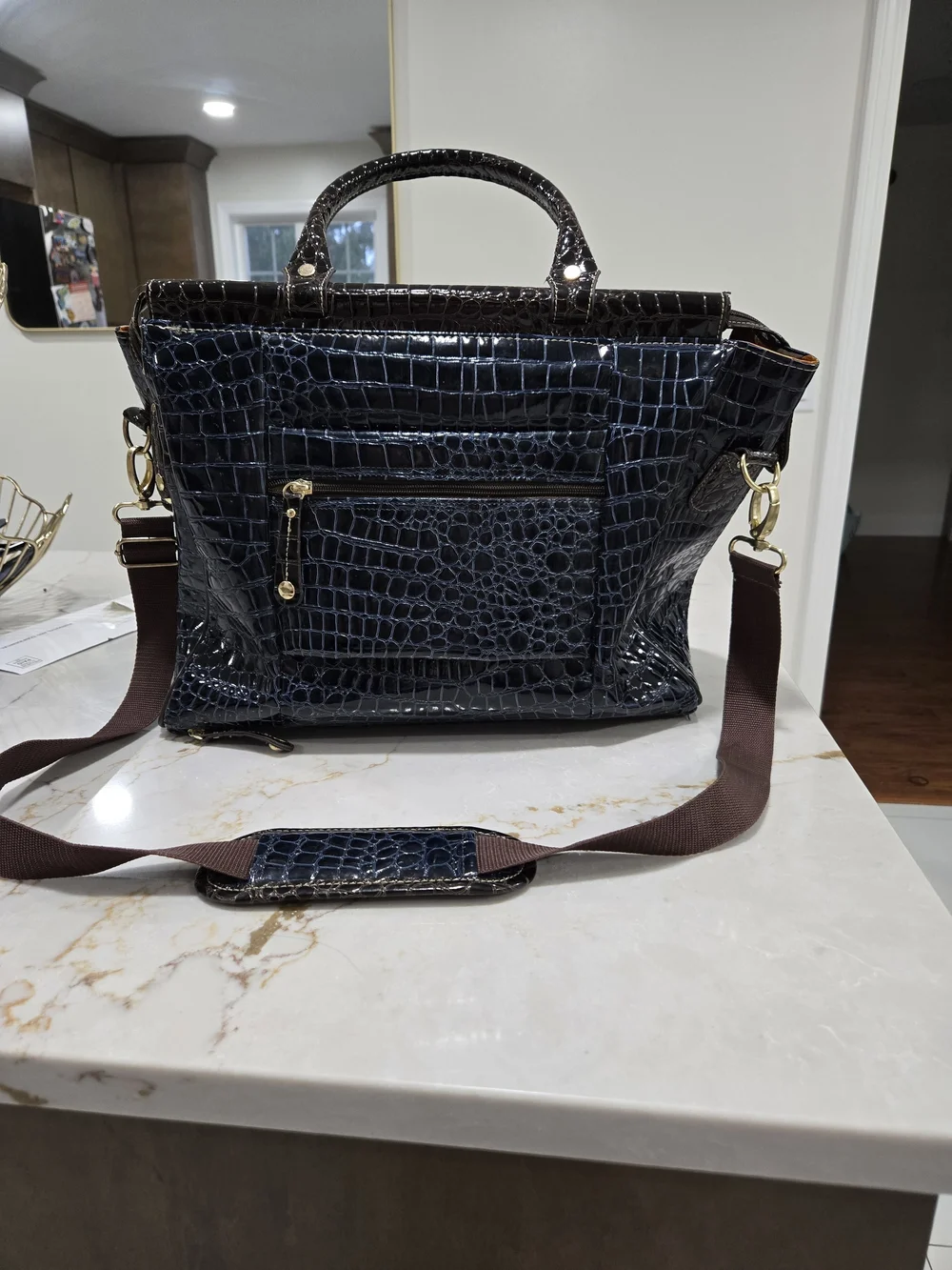 Croc-Embossed Navy and Black Leather Top-Handle Briefcase